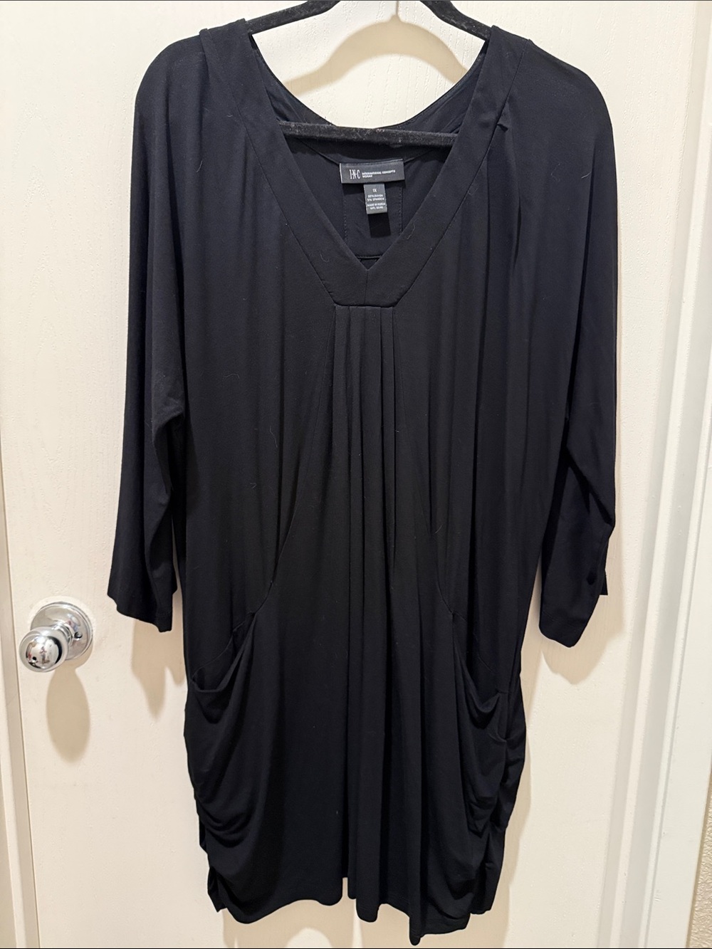 INC International Concepts Black V-Neck Draped Tunic with Side Pockets